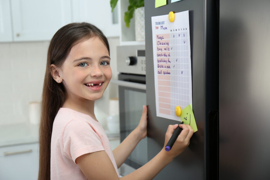 Little girl drawing funny face on homeschool end of year checklist in kitchen