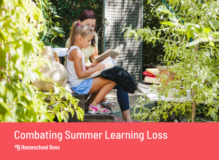 A woman and girl sit outdoors reading books together, surrounded by green foliage. The atmosphere is peaceful and focused. Text: "Combating Summer Learning Loss."
