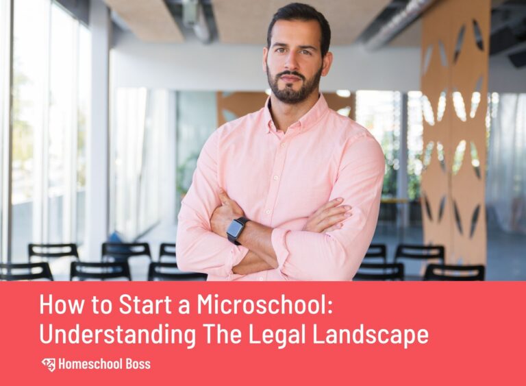 Man in a light pink shirt stands confidently with arms crossed in a modern office setting. Text below reads, “How to Start a Microschool: Understanding the Legal Landscape.”