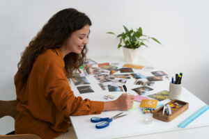 A smiling woman in an orange shirt sits at a table, organizing colorful photos, scissors, and stationery. A plant is in the background. The scene is creative and inspiring. A pink banner reads, "How to Start a Microschool: Finding Your Niche and Defining Your Vision." the women is writing steps to start a microschool
