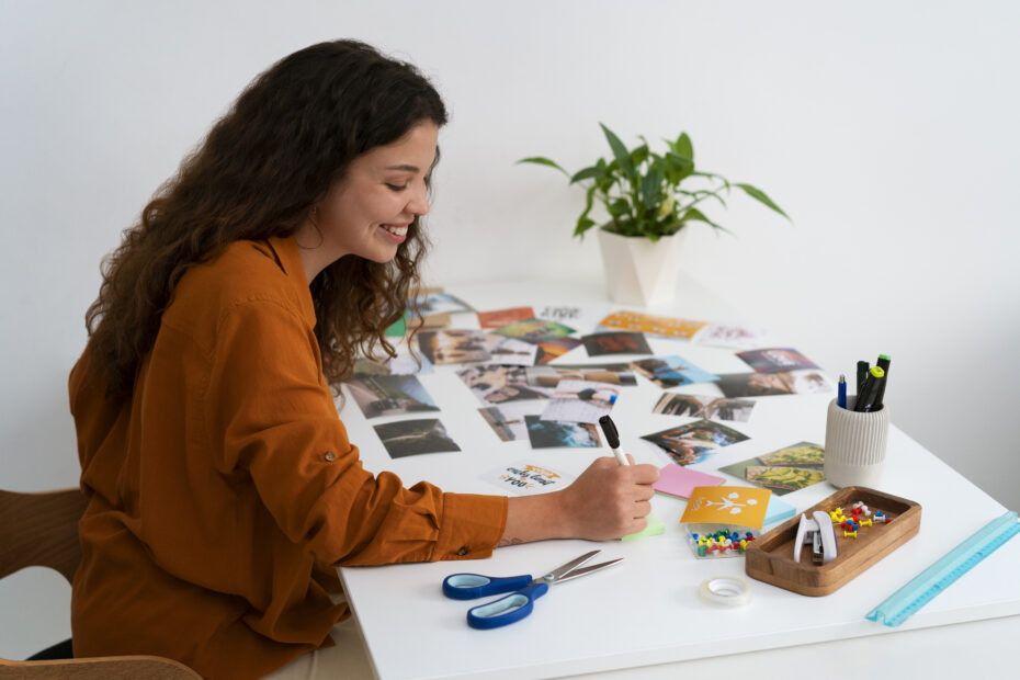 A smiling woman in an orange shirt sits at a table, organizing colorful photos, scissors, and stationery. A plant is in the background. The scene is creative and inspiring. A pink banner reads, "How to Start a Microschool: Finding Your Niche and Defining Your Vision." the women is writing steps to start a microschool