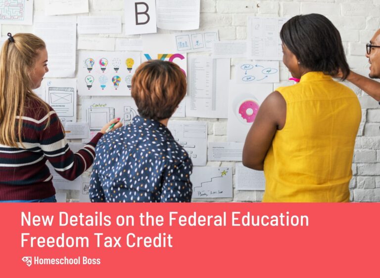 Four people analyze charts and diagrams on a wall, conveying teamwork and focus. Text below reads "New Details on the Federal Education Freedom Tax Credit."