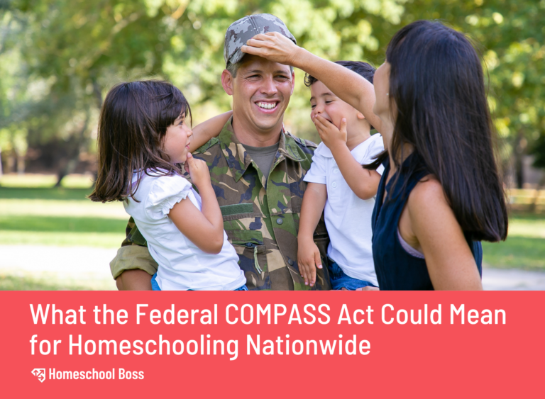 A man in military camo lifts a smiling child outdoors, surrounded by trees. Text below reads “What the Federal COMPASS Act Could Mean for Homeschooling Nationwide.”
