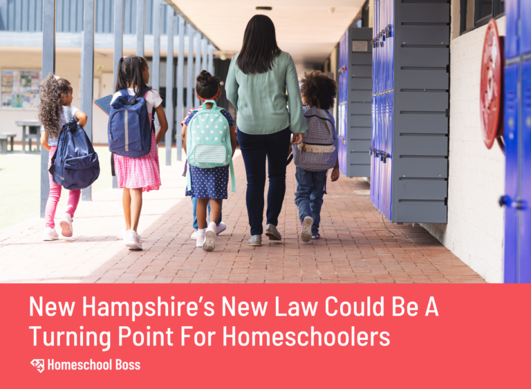 A woman walks with four children carrying backpacks down a school hallway; text reads, "New Hampshire’s New Law Could Be A Turning Point For Homeschoolers.