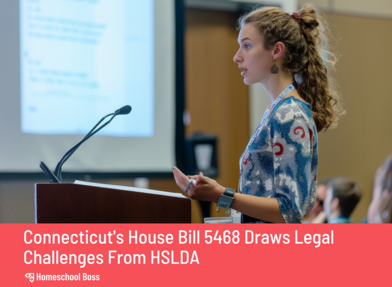 A woman speaks at a podium in a conference room, with a projected screen behind her. Text overlay reads: "Connecticut's House Bill 5468 Draws Legal Challenges From HSLDA"